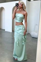 Raima Satin Ruffle Maxi Skirt - Green