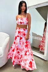 Selina Tiered Maxi Skirt - Red / White Print