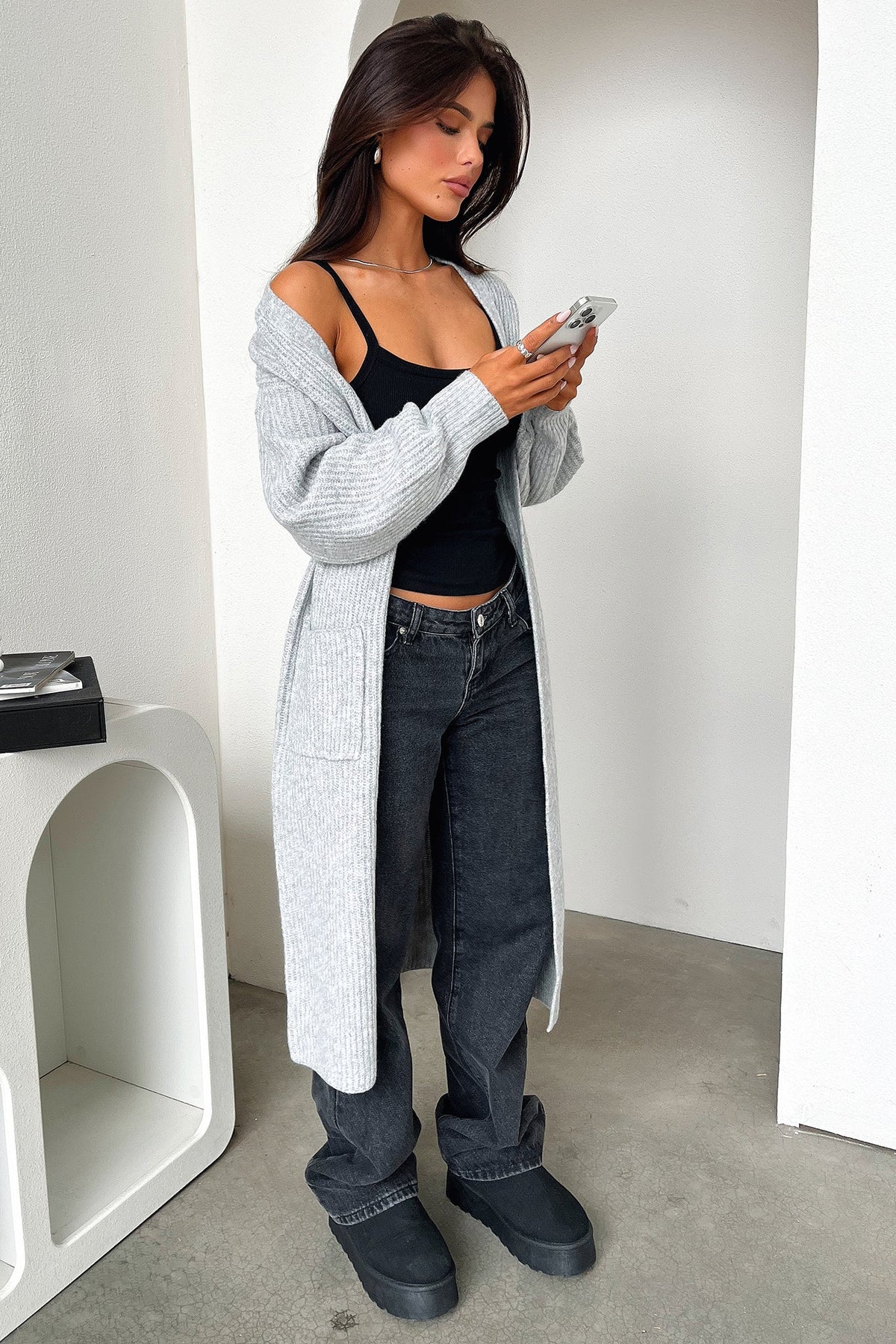 Arina Longline Knit Cardigan - Grey