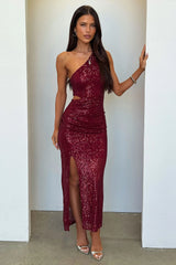 Dura One Shoulder Sequin Midi Dress - Burgundy